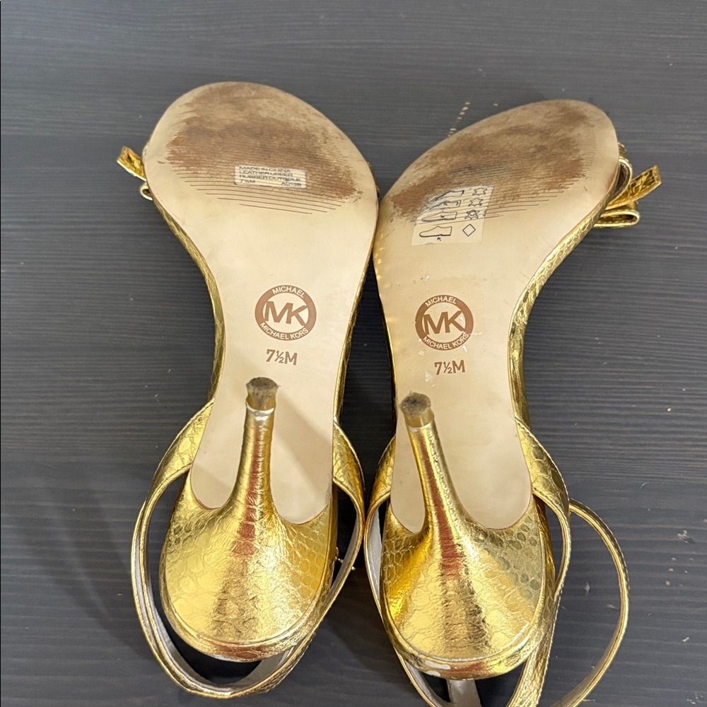 Michael Kors Livvy Ankle Heeled Sandals Strappy Metallic‎ Leather Gold Size 7.5 - Picture 11 of 14